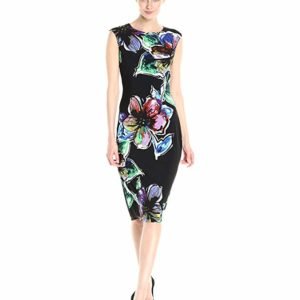 London Times Cap Sleeve Round Neck Midi Jersey Sheath Dress
