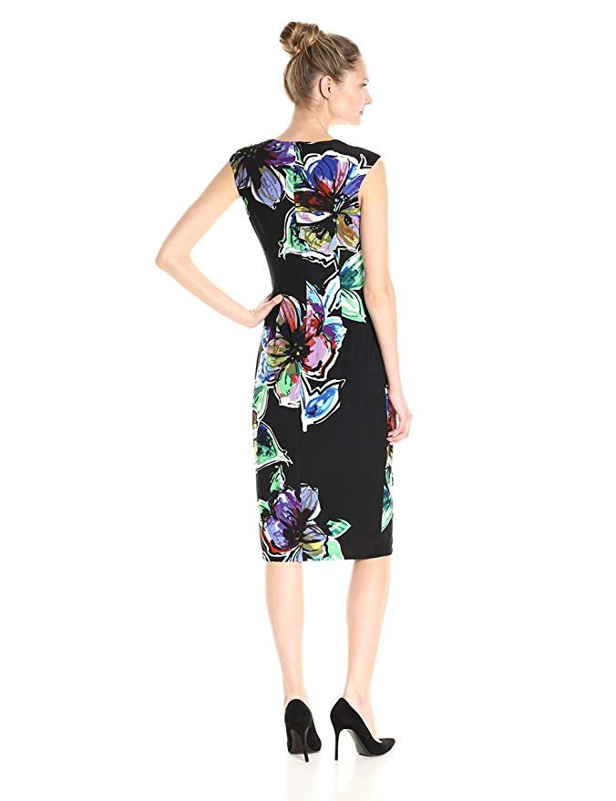 London Times Cap Sleeve Round Neck Midi Jersey Sheath Dress - Image 2