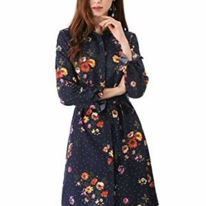 Allegra K Women's Lapel Button Down Belted Above Knee Vintage Polka Dots Floral Shirt Dress