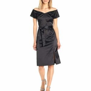 PARIS SUNDAY Women's  Off Shoulder Front Slit Sateen Dress