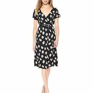 Le Mou Women's Half Sleeve Black Floral Front Button Midi Lenth Feminine Dress