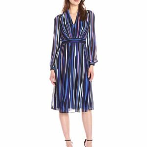 Anne Klein Women's Long Sleeve Printed Georgette Inset Waist