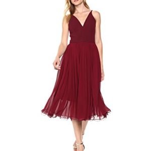Dress the Population Women's Alicia Plunging Mix Media Sleeveless Fit and Flare Midi Dress