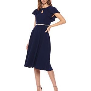Gabby Skye Women's Short Flutter Sleeve Key Hole Belted Navy Dress
