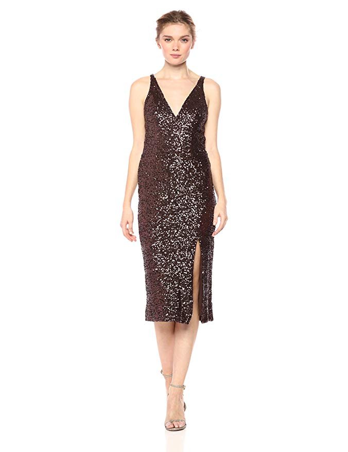 Dress the Population Women's Camilla Plunging Sequin Sleeveless Bodycon Midi Sheath Dress