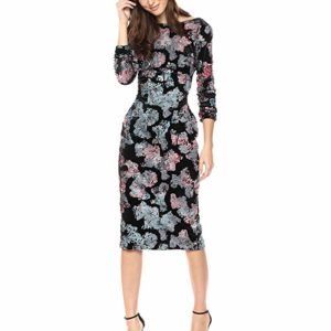 Dress the Population Women's Emery Long Sleeve Stretch Sequin Midi Sheath