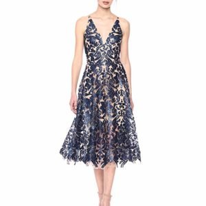 Dress the Population Women's Blair Plunging Fit and Flare Midi Dress