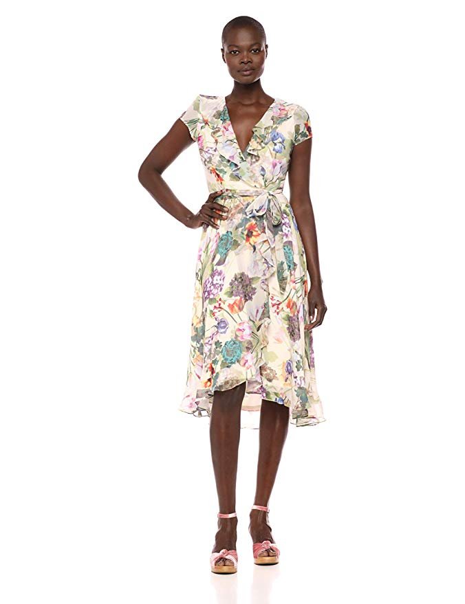 Gabby Skye Women's Short Sleeve Floral Ruffled Dress